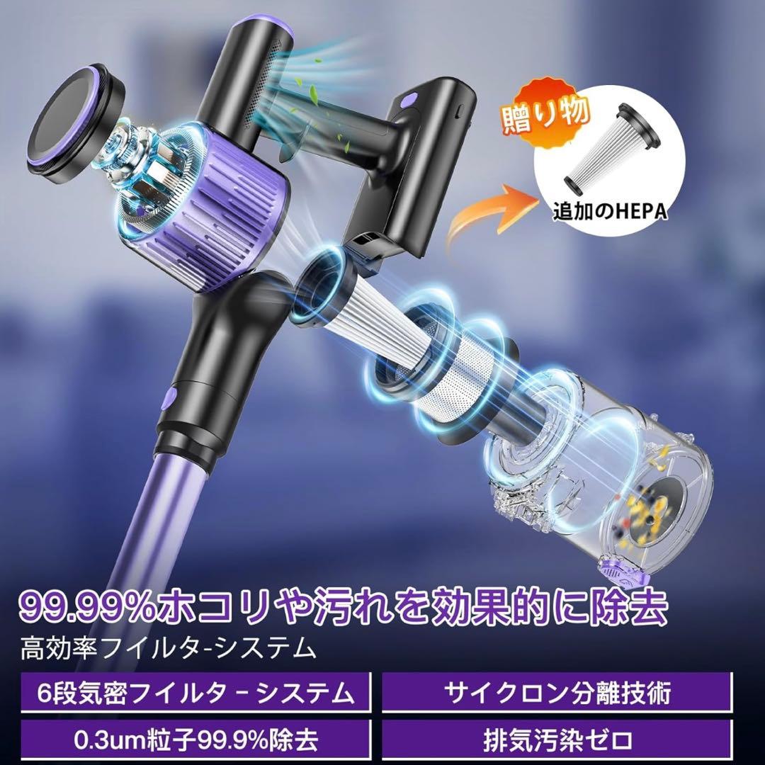 掃除機　コードレス 70Kpa 超強力 自立式＆グリーンライト 着脱バッテリー