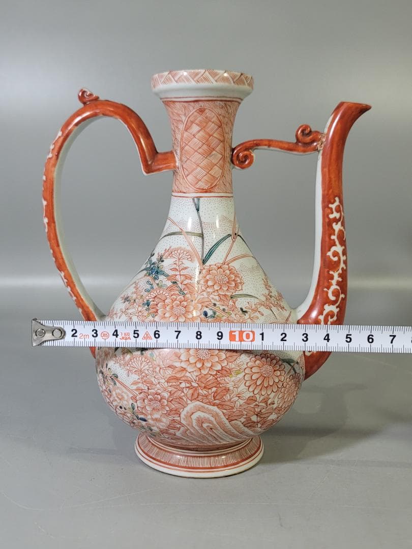 九谷 赤絵 草花紋 細密画 水注 時代物 DT791