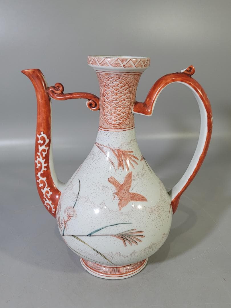 九谷 赤絵 草花紋 細密画 水注 時代物 DT791