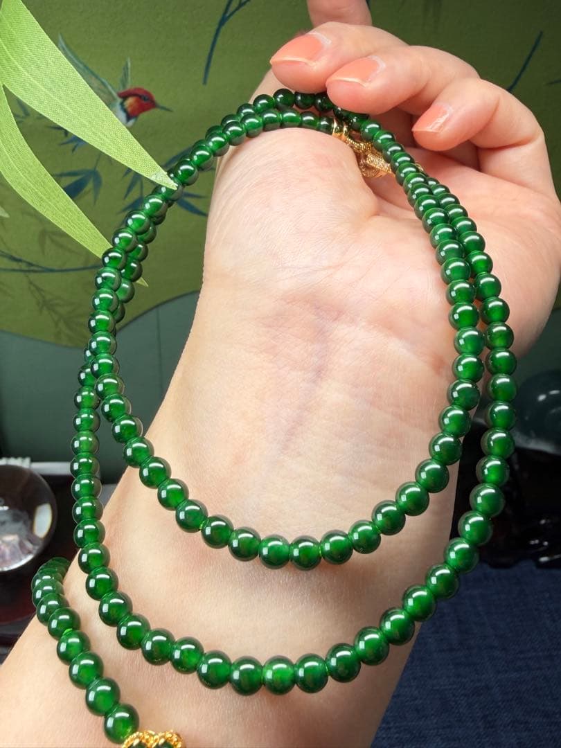 限定1点‼️ 貴重、希少品‼️18kビーズ入りロウカン質極上氷陽緑翡翠ブレス＆リング