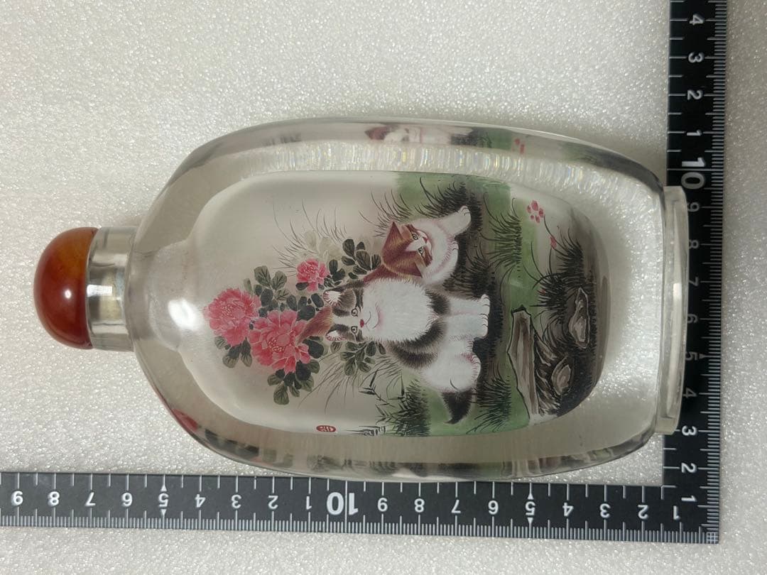 猫と花の絵柄 ガラス製鼻煙壺