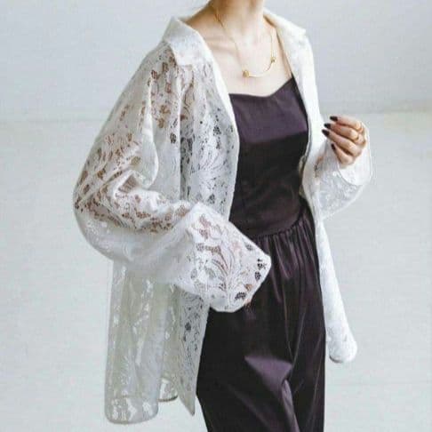 2025年 NOBLE ボタニカルレースオープンカラーシャツ　ホワイト