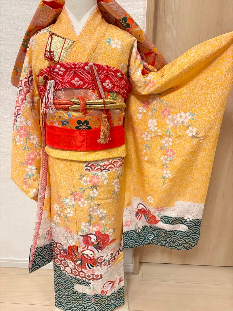 七五三 7歳祝い着 正絹 黄色 おしどり M2509025