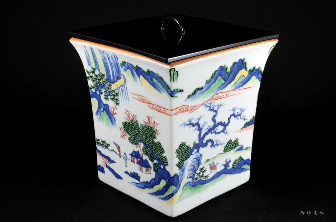 五代 三浦竹泉 色絵山水図 四方 水指 共箱 茶道具