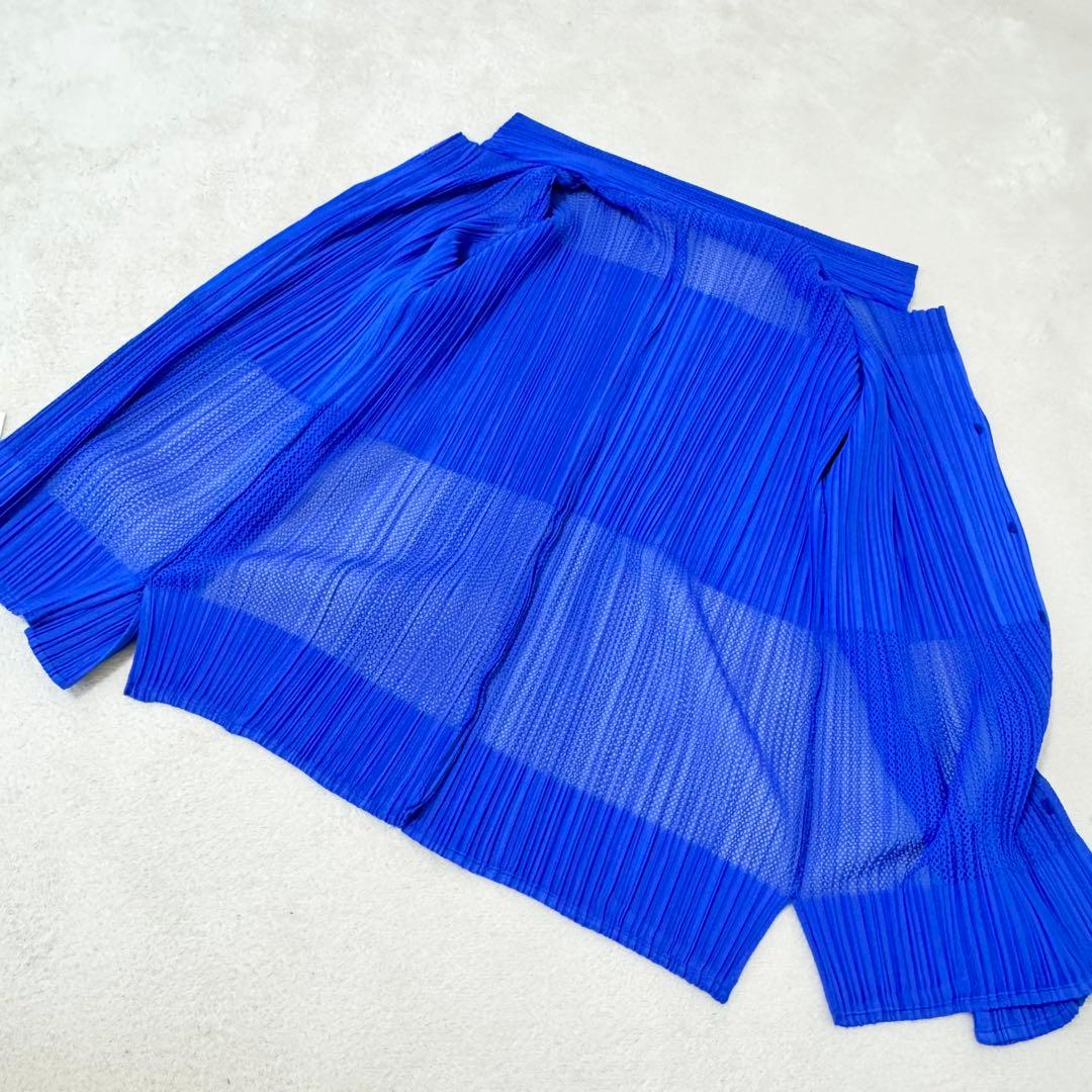 極美品✨PLEATS PLEASE プリーツ　メッシュ　ブルー　長袖　ブラウス