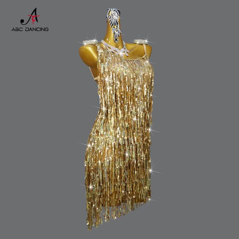 社交ダンス衣装ラテンドレスゴールドキラキラスパンコール競技会デモ
