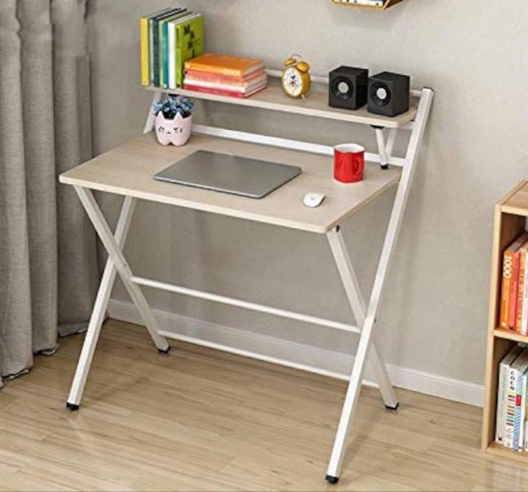 たのメル便　ホワイト折りたたみパソコンデスク 上段棚付き