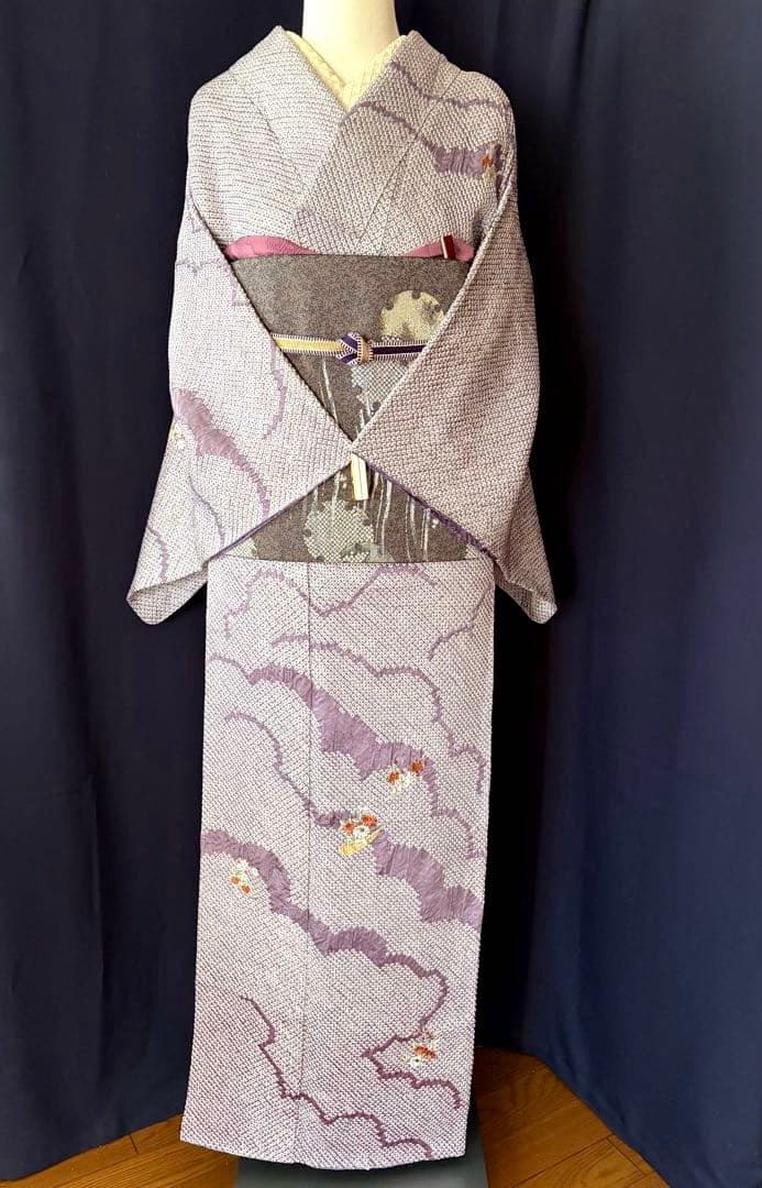 【訪問着】身丈お直し料金・補正着　疋田本鹿子総絞り 花柄日本刺繍　気品ある薄紫