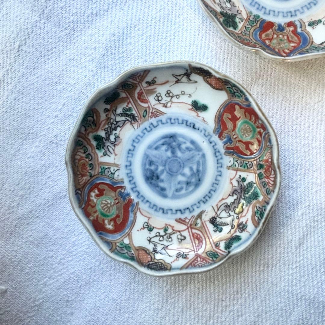 時代伊万里　鶴松金彩の吉祥デザイン豆皿5客（骨董古陶磁古美術古伊万里