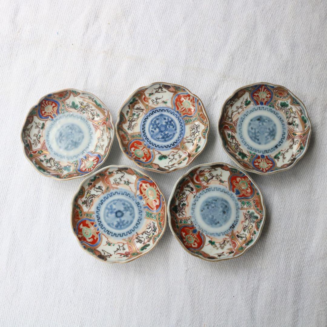 時代伊万里　鶴松金彩の吉祥デザイン豆皿5客（骨董古陶磁古美術古伊万里