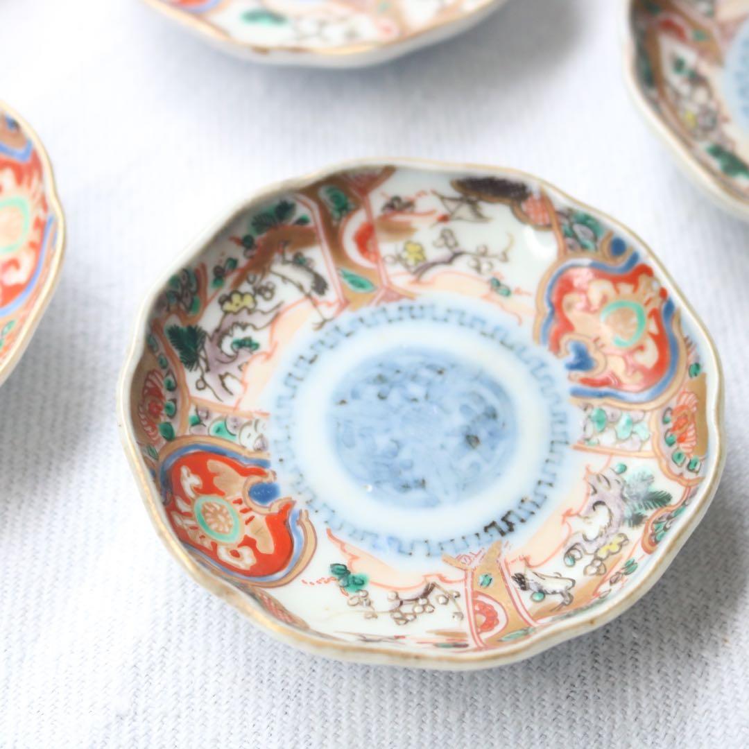 時代伊万里　鶴松金彩の吉祥デザイン豆皿5客（骨董古陶磁古美術古伊万里