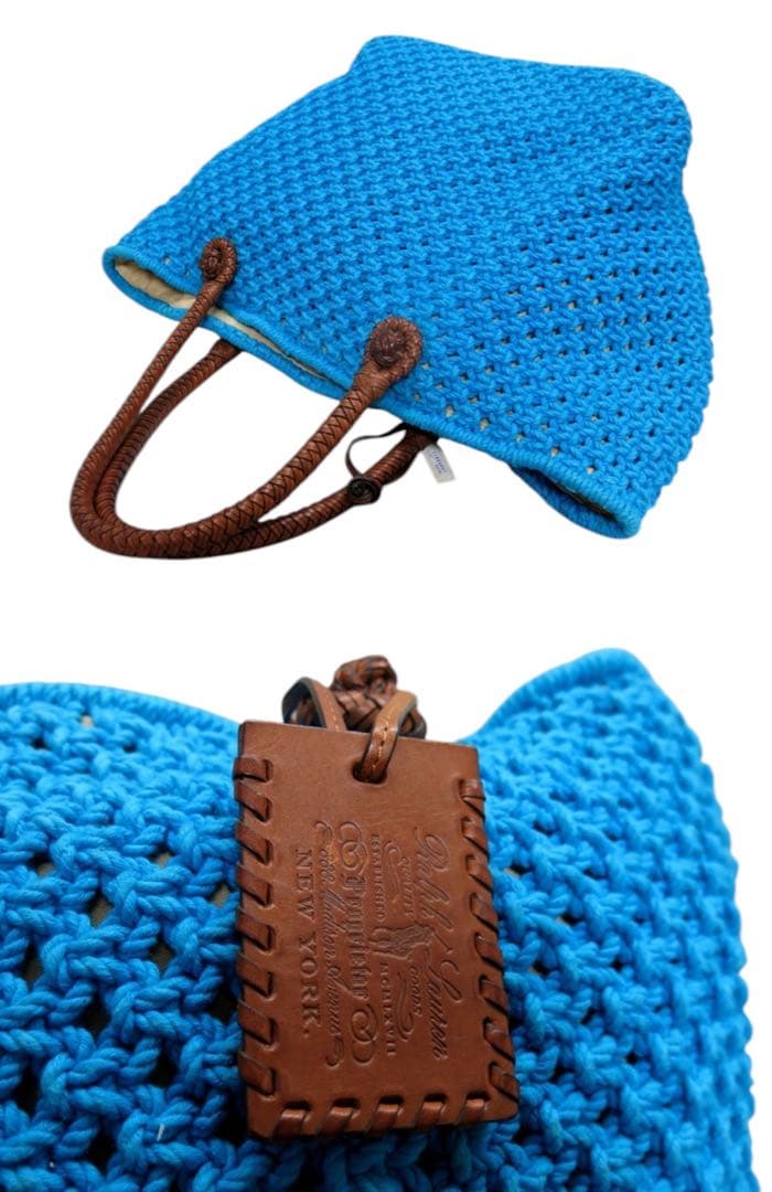 ラルフローレン　カーフ レザー コットン ニット 編み込みトートバッグ