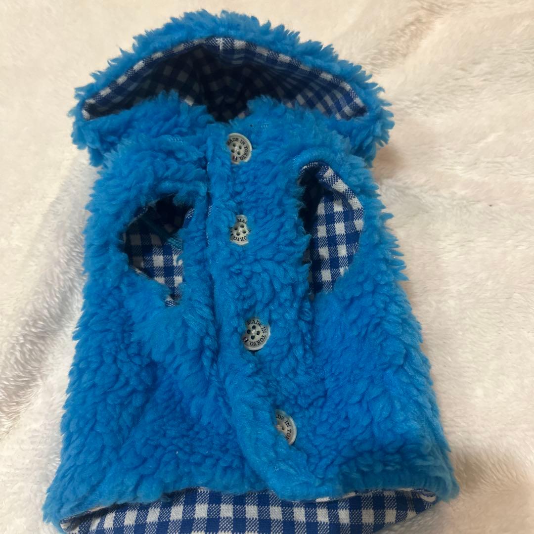 青いフリース犬服 フード付き