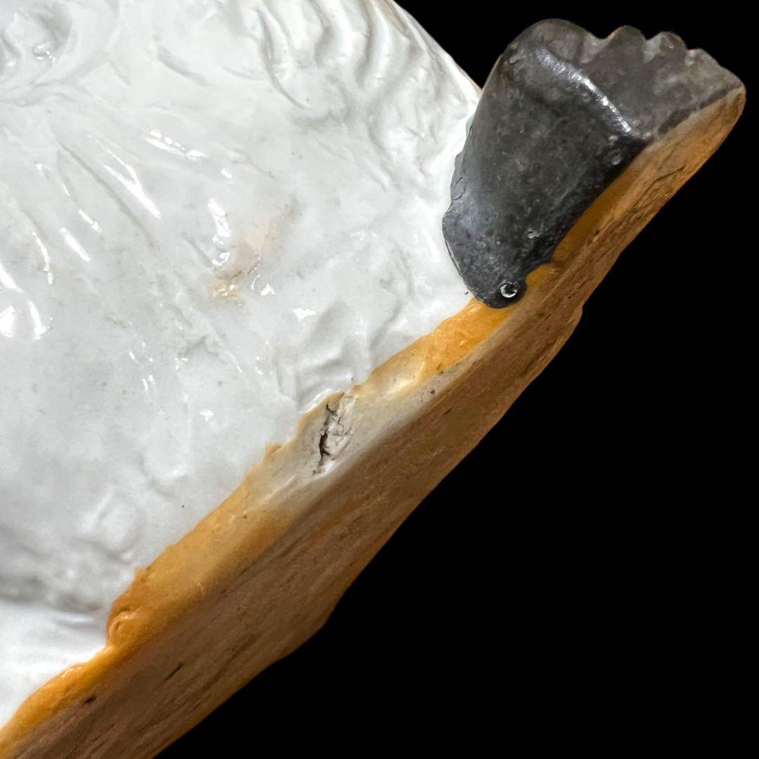 《古美術》陶器製 江戸期 古九谷 白磁扇子台座乗り金彩模様狛犬 箱付