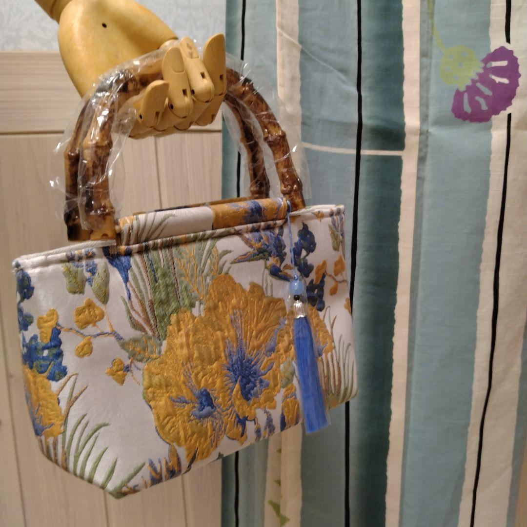 未使用高島屋購入★あざみアザミと竹柄の浴衣ゆかた両面使える黒ねず茶帯バッグセット