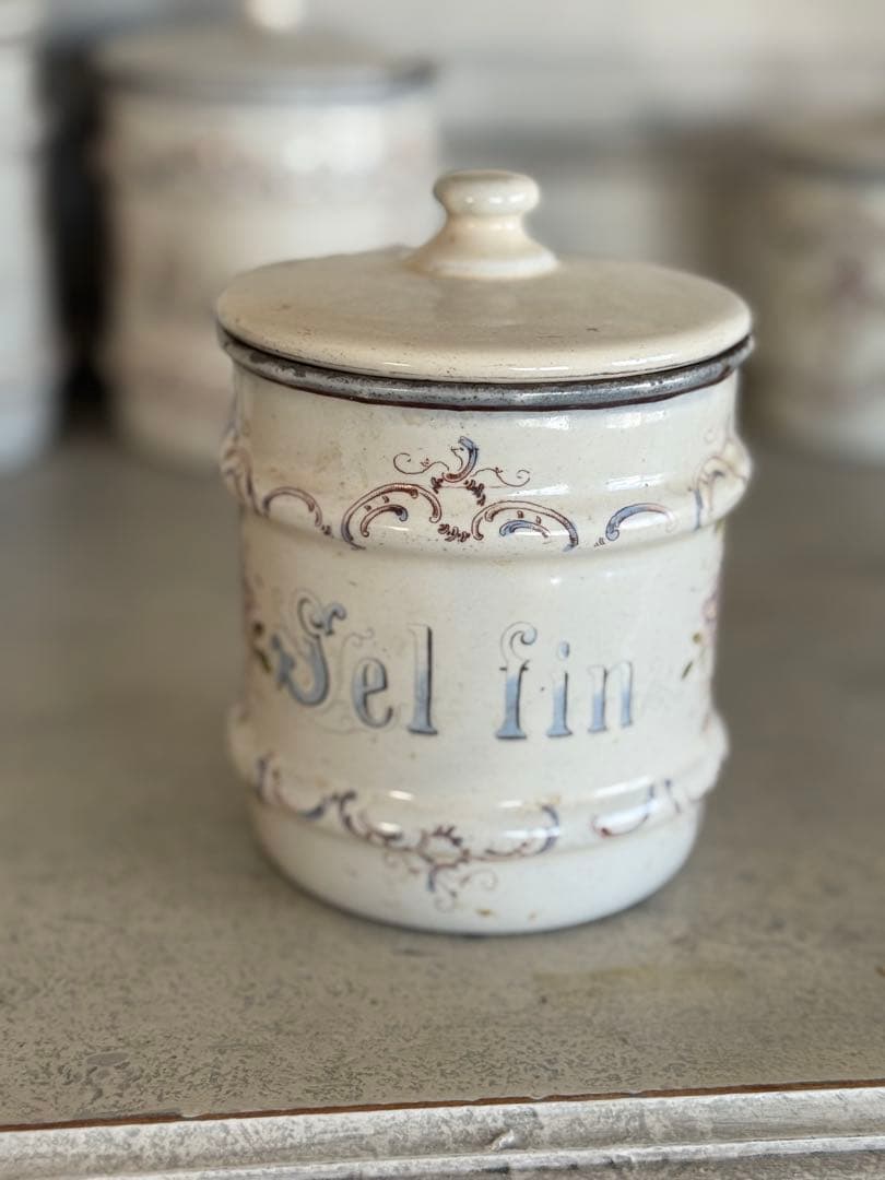 フランスアンティークホーローアールヌーボー可憐な花柄キャニスター5個セット