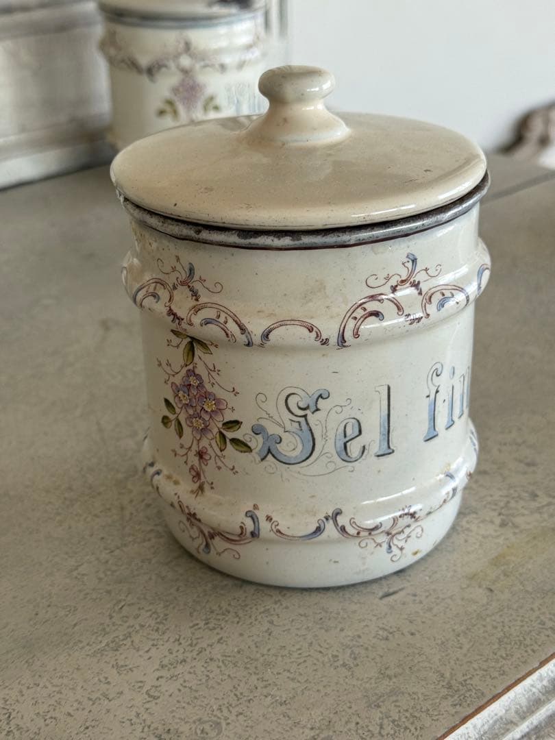 フランスアンティークホーローアールヌーボー可憐な花柄キャニスター5個セット