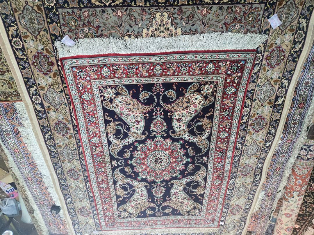 ペルシャ絨毯クム産100%シルク手織り ネイビー 赤155cm×104cm