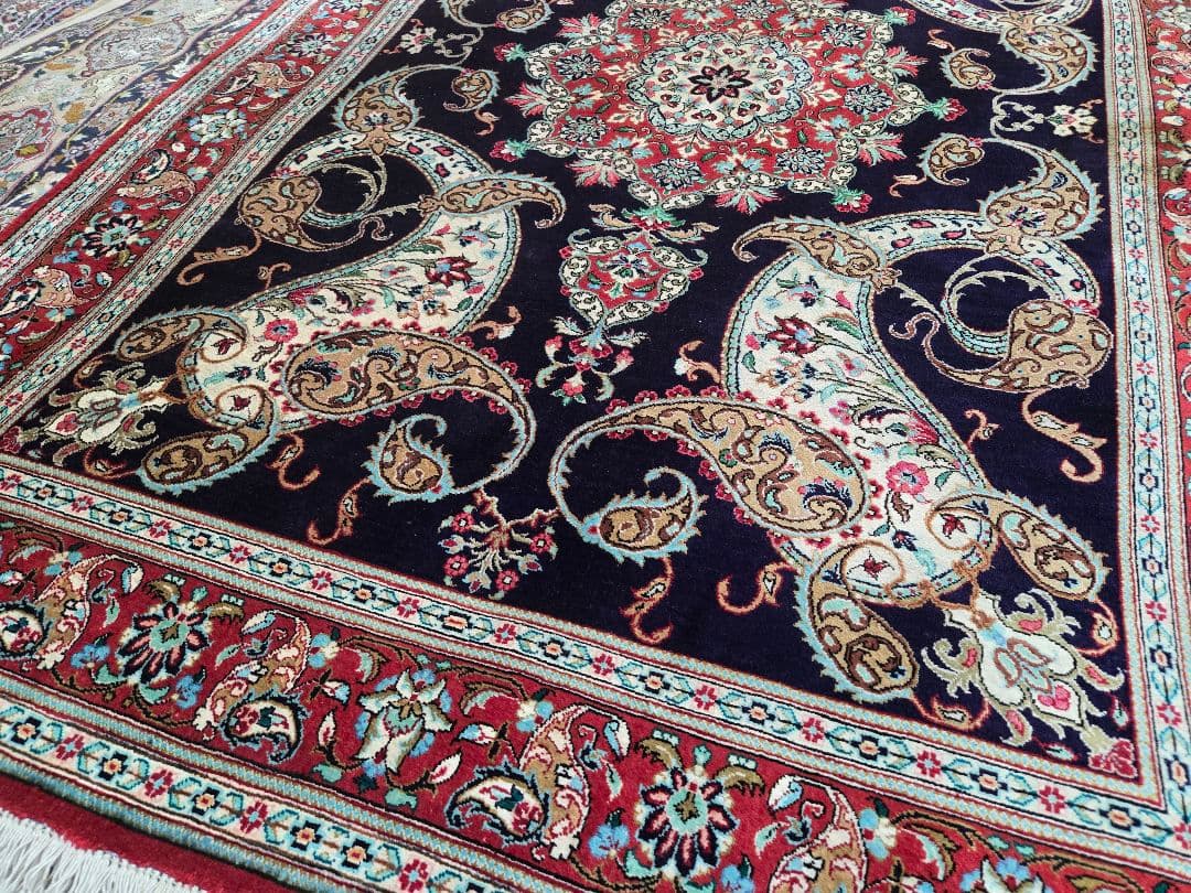 ペルシャ絨毯クム産100%シルク手織り ネイビー 赤155cm×104cm