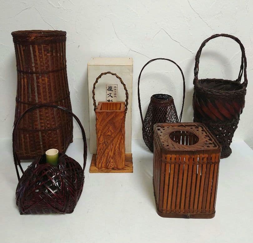【6点】木製花器 竹細工 一輪挿し 工芸 茶道具フラワースタンド 古道具 カゴ