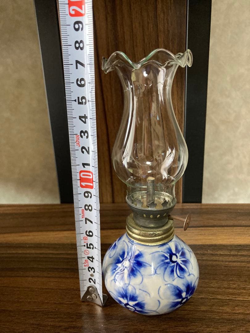 [骨董品] 青い花模様のオイルランプ　ヴィンテージ ランプ　陶器×ガラス