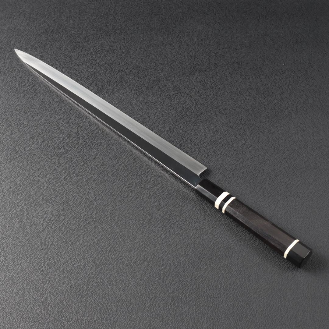 10864柳刃包丁 尺三 鏡面仕上げ 刃は究極の切れ味 黒檀黒水牛白三本巻八角柄