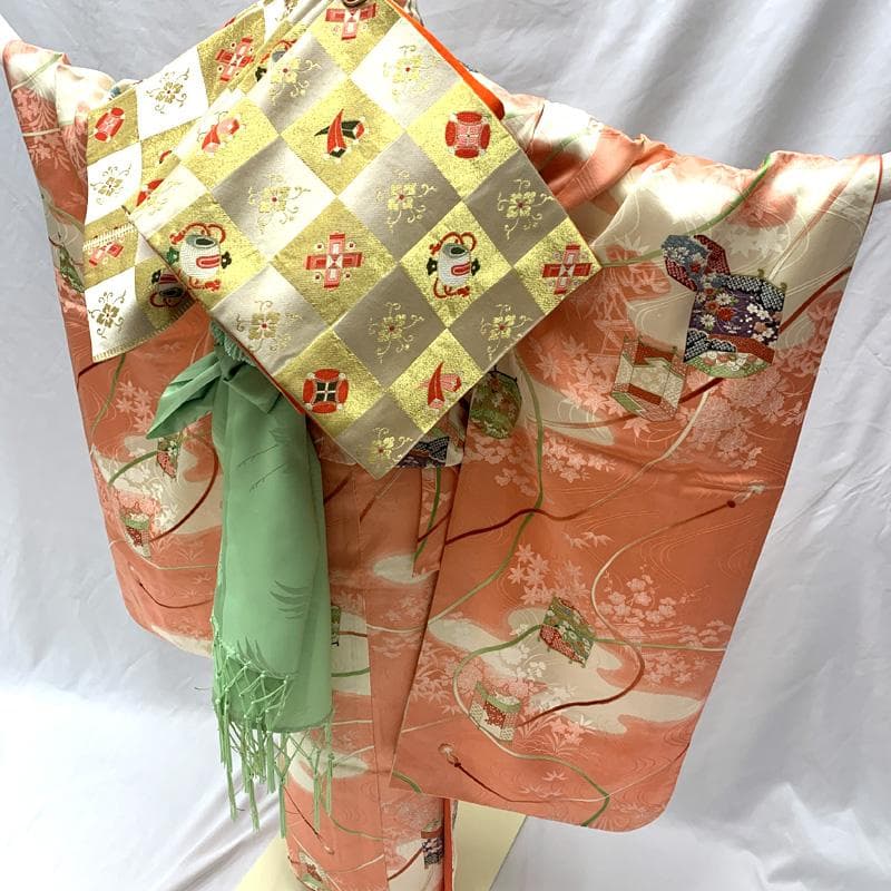 510ag65□七五三 七歳 女児 着物&袋帯&長襦袢 貝桶 組紐 霞□美品