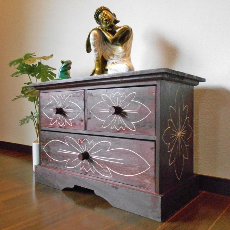 花柄模様 チェスト アジアン家具 バリ家具 収納家具 完成品家具 アンティーク風