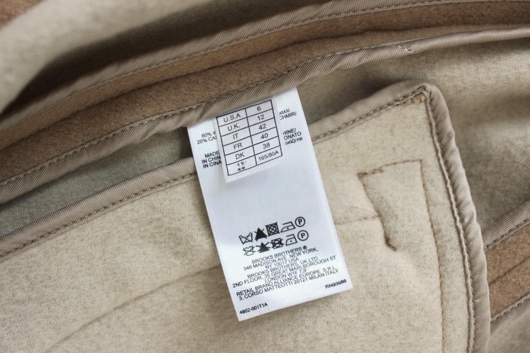 【美品】ブルックスブラザーズ ガウンコート 6 ベージュ カシミヤ混 9〜11号