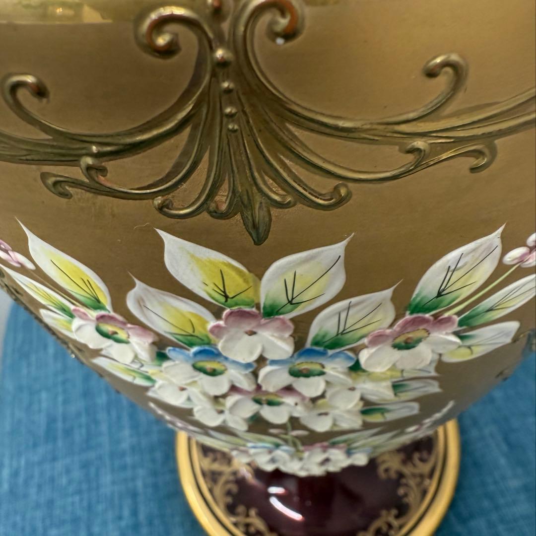 ベネチアングラス★フラワーベース 金色＆レッド チェコスロバキア 50㌢