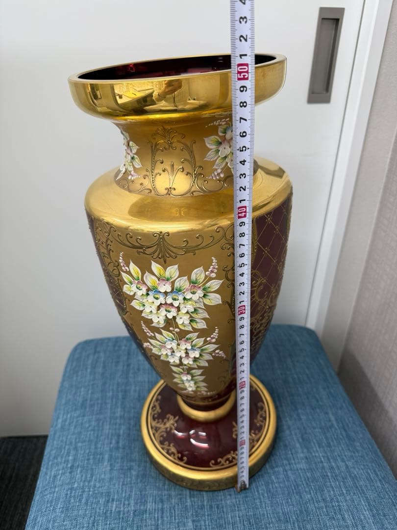 ベネチアングラス★フラワーベース 金色＆レッド チェコスロバキア 50㌢