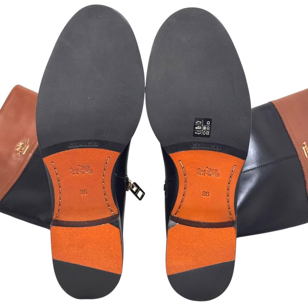 極美品 コーチ 36 23 レザー ロングブーツ ターンロック バイカラー