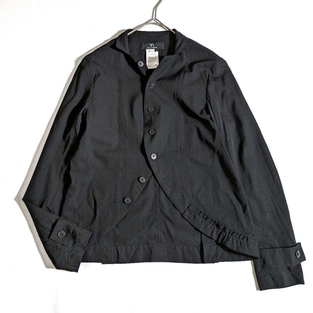 ワイズ ヨウジヤマモト／変形ウールシャツ ブラック フリル イレヘム ラウンド