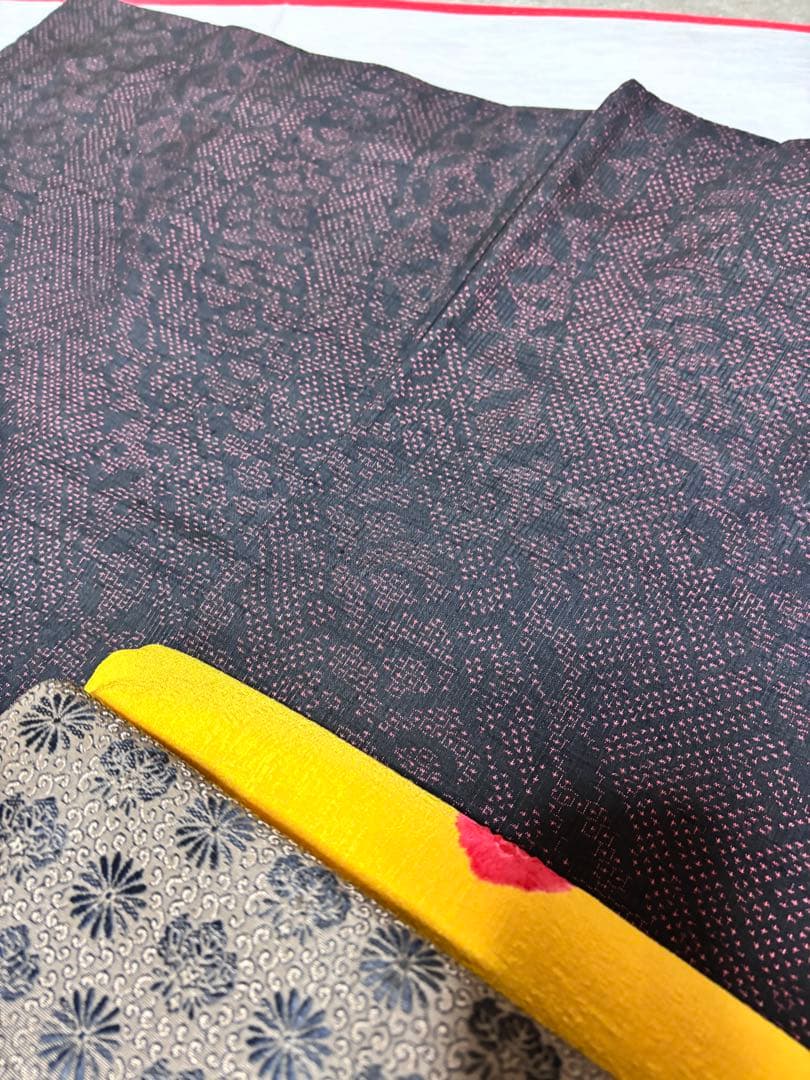 正絹　結城紬　美品　黒地　袷　正絹アンティーク名古屋帯