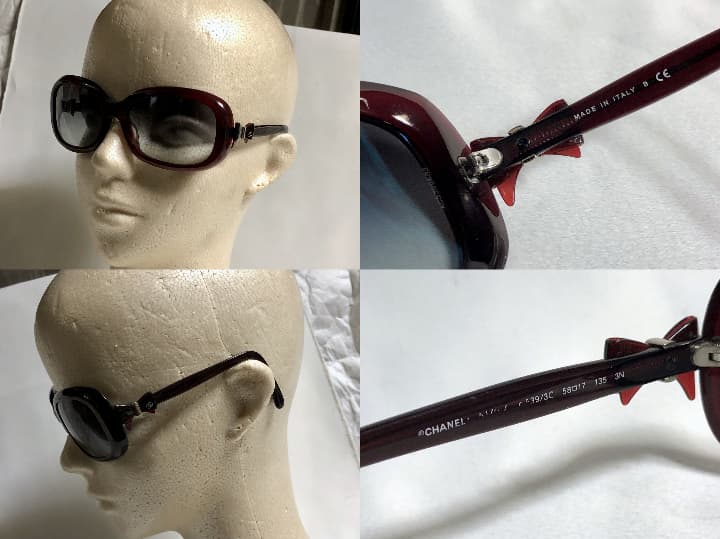 正規美 シャネル CHANEL リボン×ココマーク装飾サングラス 赤系×黒 眼鏡
