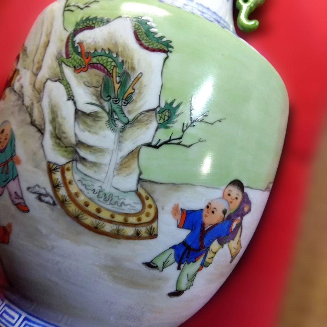 唐物　花瓶　陶磁器 花瓶 緑の持ち手 ドラゴン絵柄　唐子