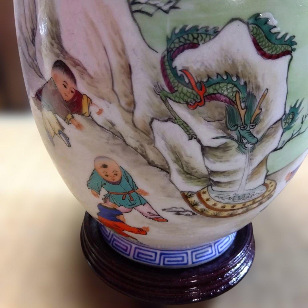 唐物　花瓶　陶磁器 花瓶 緑の持ち手 ドラゴン絵柄　唐子