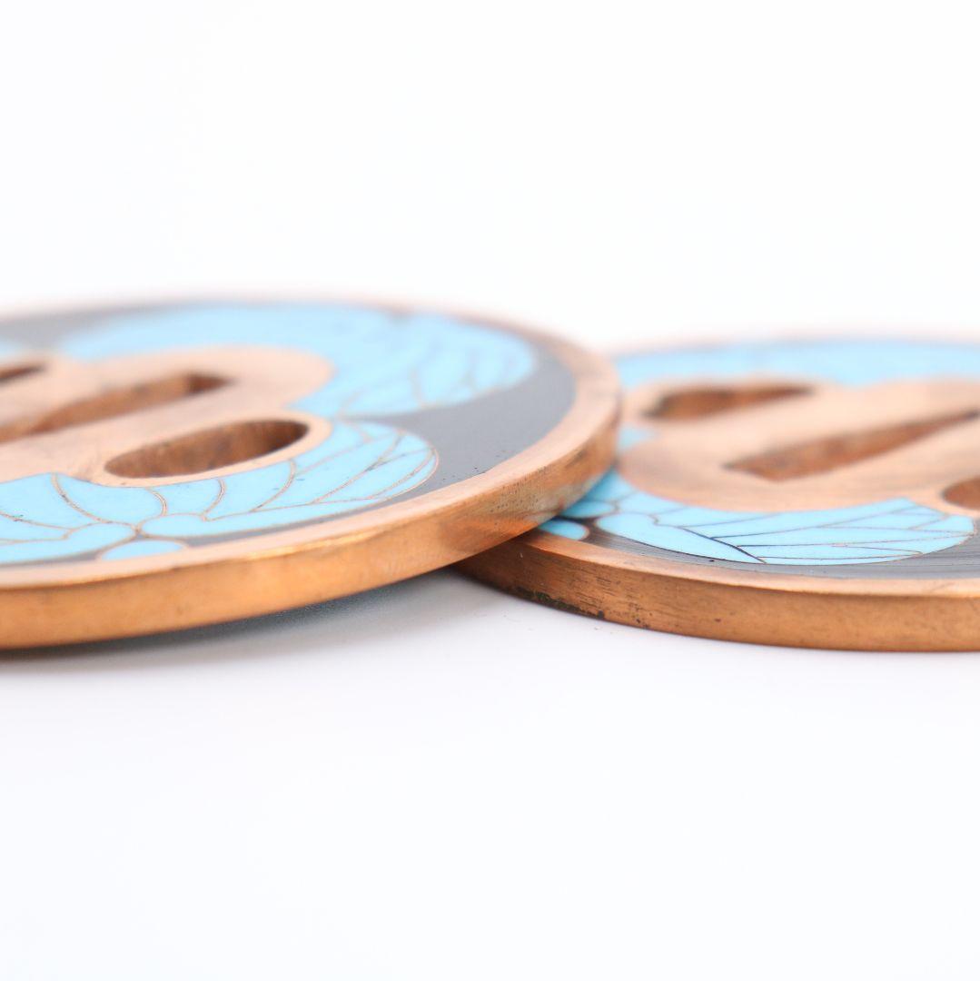 銅製七宝三つ葉葵文鐔 刀装具 一對 桐箱付　V356　1F28