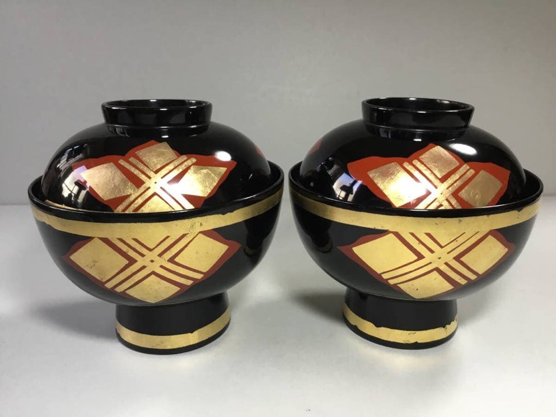 漆器◆秀衡塗？ 汁椀 2客◆漆塗 蓋椀 雑煮椀 金彩 木製 和食器 吸物椀