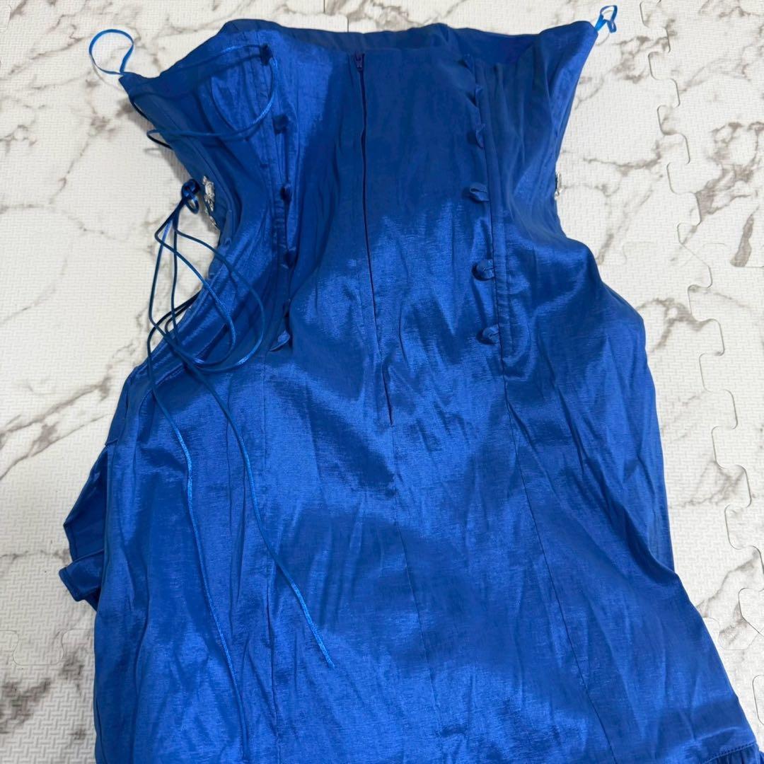 美品 S ロングドレス 青 ビジュー フリル パーティー