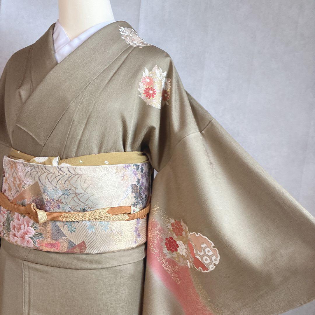 訪問着　フルセット　着物　正絹　Lサイズ　ロング　雪輪　花　金駒刺繍　N5