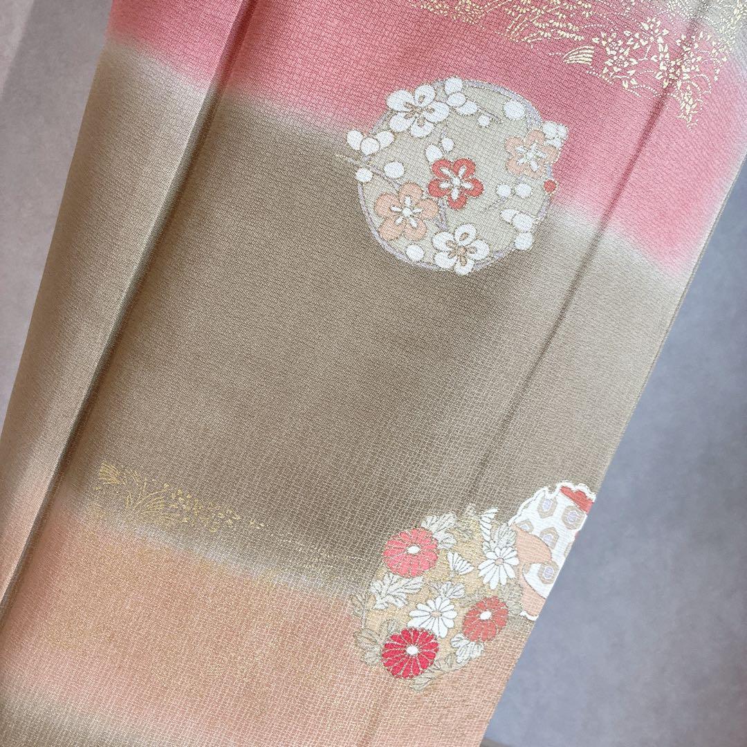 訪問着　フルセット　着物　正絹　Lサイズ　ロング　雪輪　花　金駒刺繍　N5