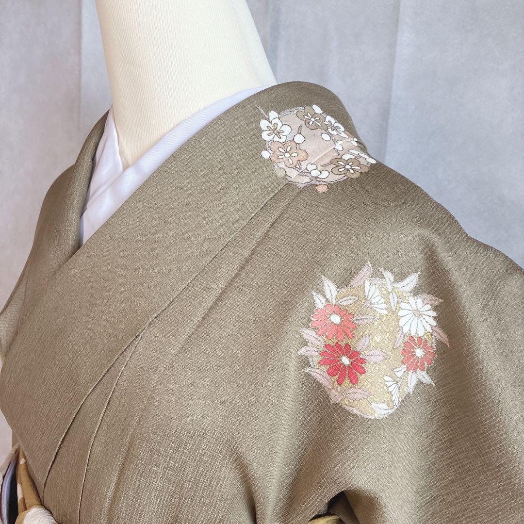 訪問着　フルセット　着物　正絹　Lサイズ　ロング　雪輪　花　金駒刺繍　N5