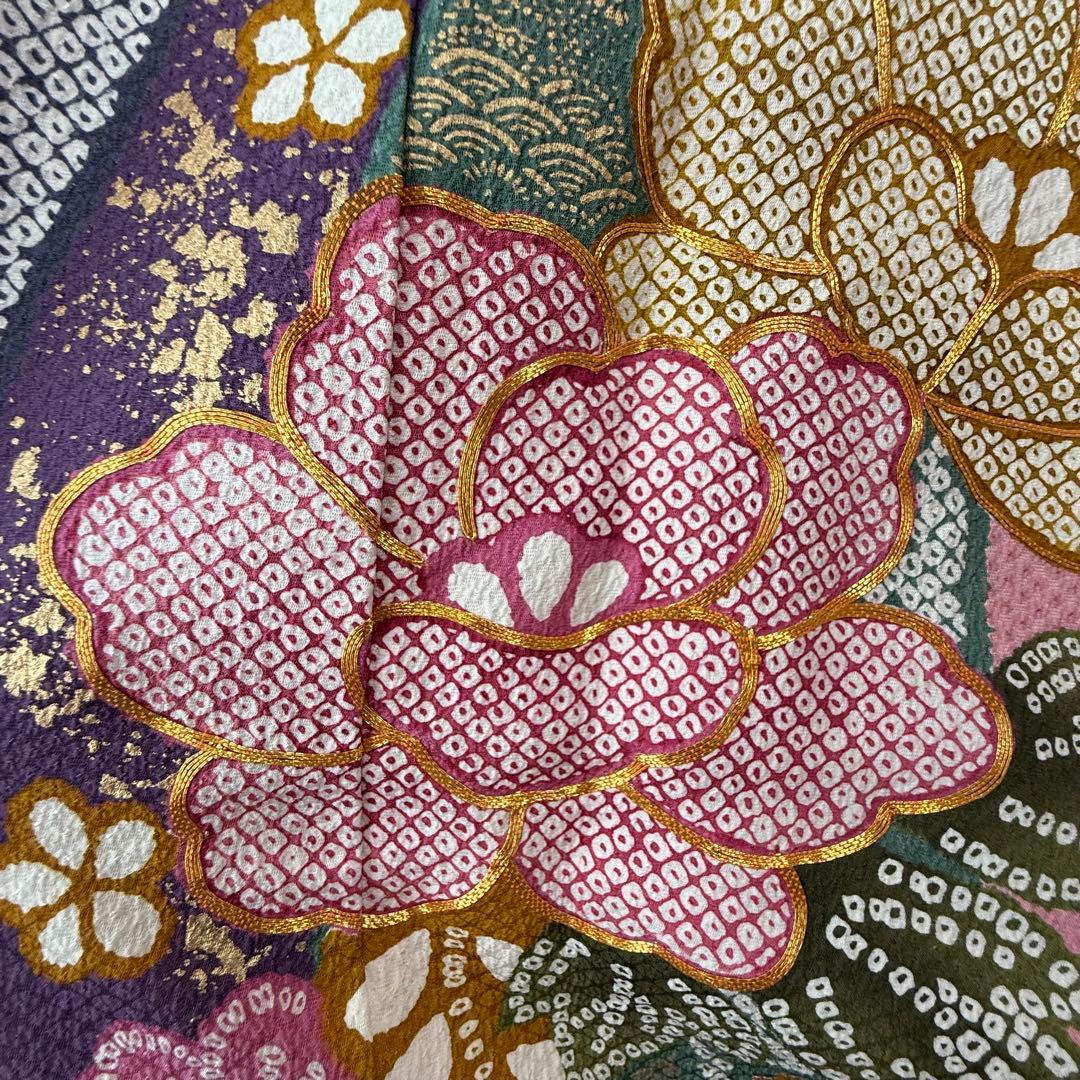 超美品　正絹　現代振袖　成人式　着物　166㎝　ピンク　金駒刺繍　絞り柄　個性的