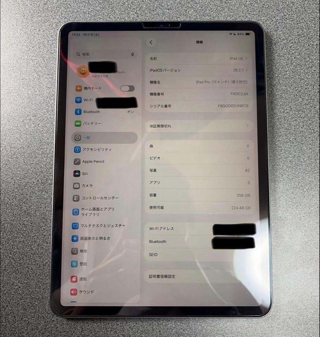iPad Pro 第2世代 11インチ 258GB スペースグレイ Wi-Fi
