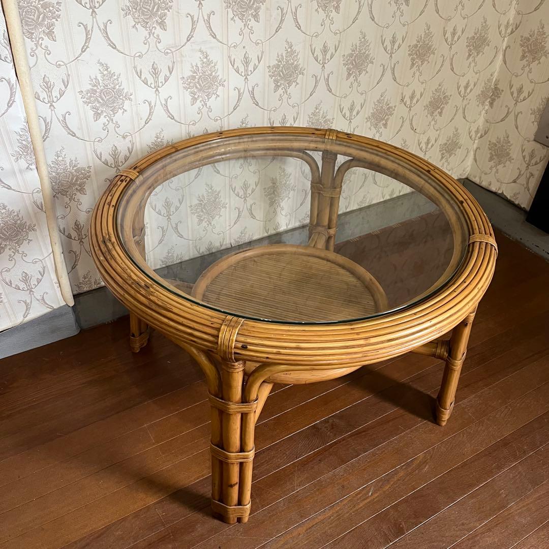 【アンティーク】籐 ラタンセンターテーブル コーヒーテーブル 円卓 ガラス天板