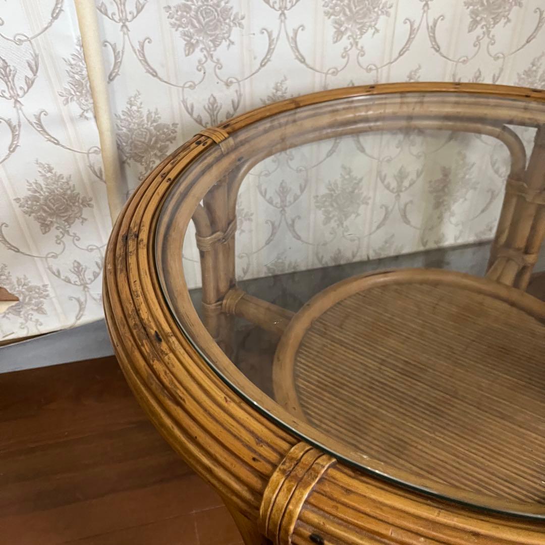 【アンティーク】籐 ラタンセンターテーブル コーヒーテーブル 円卓 ガラス天板