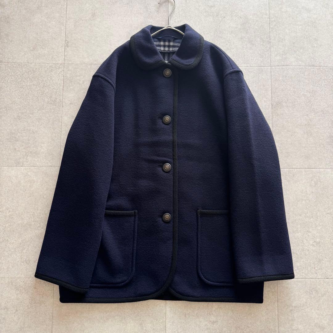 バーバリーズ　コート　ダブルフェイス　ノバチェック　カシミヤ混　7　紺　金ボタン