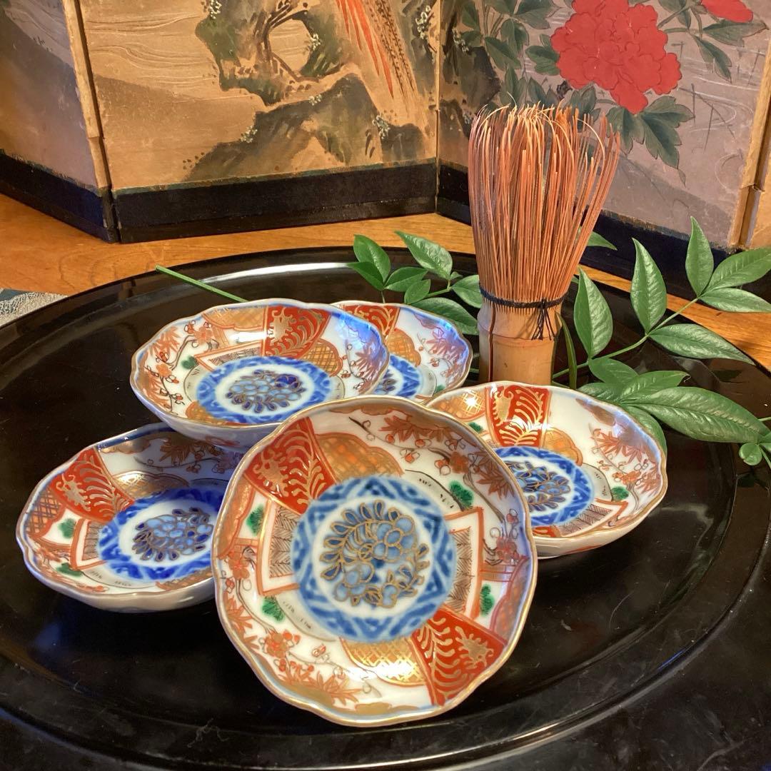 A1033 古伊万里　金襴手　梅に松　宝尽紋様　　豆皿　ちびちび　5枚