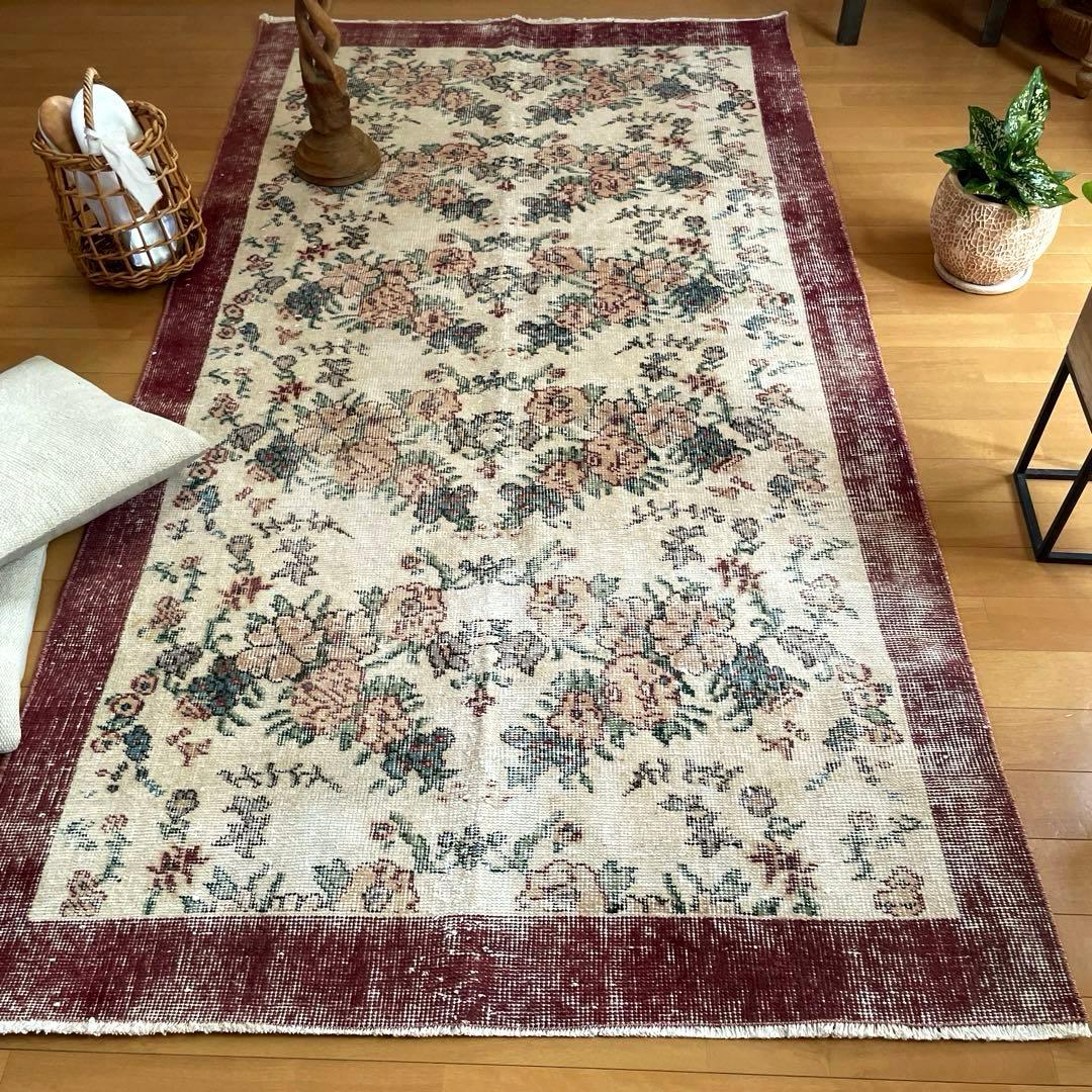 104×200 キナリ×ボルドー　薔薇の街　トルコヴィンテージラグ